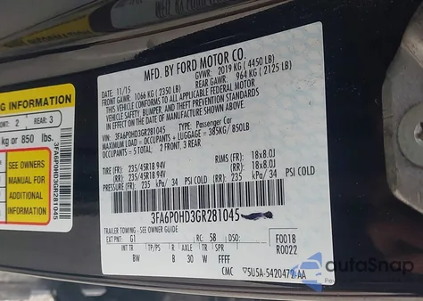 2016 Ford Fusion Se из США, поврежденный, VIN 3FA6P0HD3GR281045